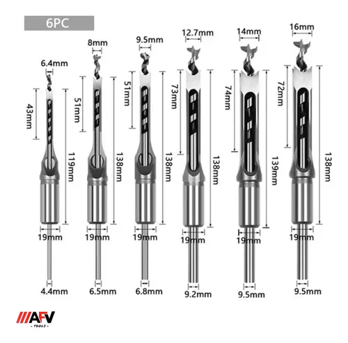 Set De 6 Brocas Cuadradas Para Carpinteria 6.4 - 16mm