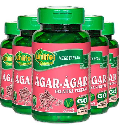 Kit 5 Ágar Ágar Gelatina Natural 60 Cápsulas Unilife Vitamin