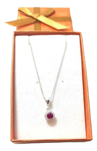 Cadena Plata 925 Colgante Piedra Fucsia Y Circon