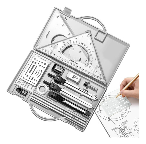 V Juego De Geometría De Reglas Y Compás De Metal Con Estuche