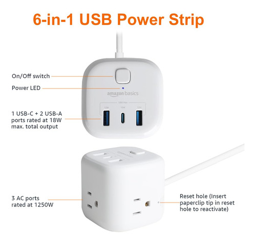Power Strip Amazon Basics 3 Enchufes 3 Puertos Usb 1 Usb-c