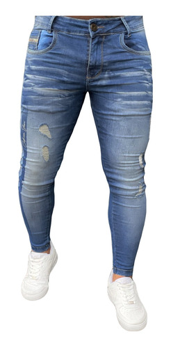 Imagem 1 de 3 de Calça Jeans Skinny Destroyed Masculina Mix De Azuis