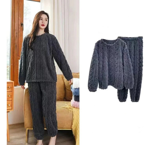 Conjunto Pijama Plush Lana Trenzado Invierno Mujer
