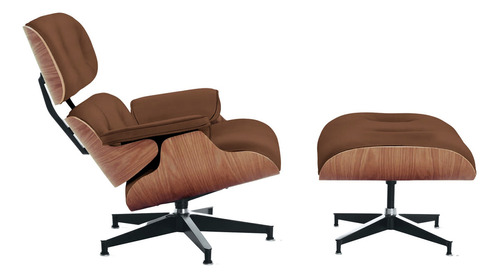 Poltrona Charles Eames Com Banqueta Couro Natural Legítimo Cor Freijó - Cappuccino Desenho Do Tecido Liso