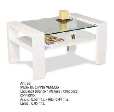 Mesa Ratona De Living  Venecia. Laqueada Con Vidrio - 85 X 44 X 58