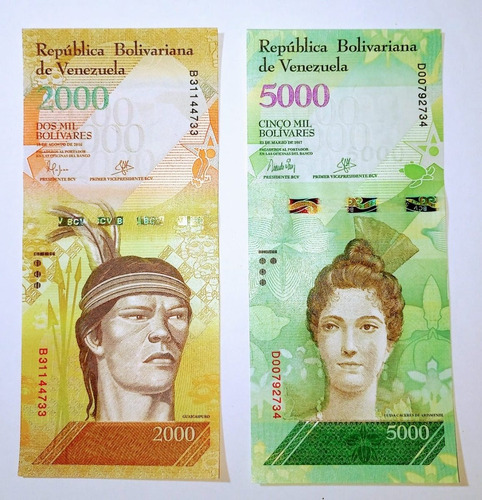 2 Billetes De Venezuela 2000 Y 5000 Bolivares Unc 2016