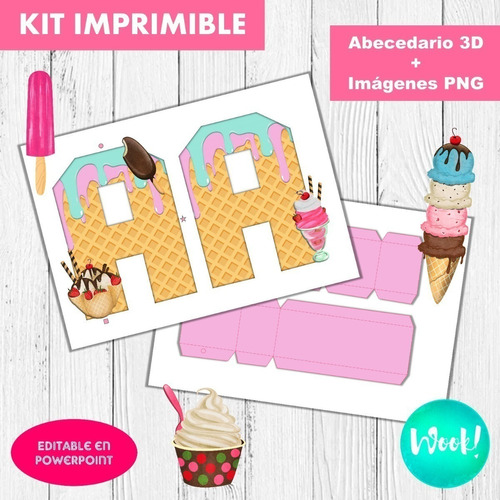 Kit Imprimible Letras 3d Editables Helados Ice Cream