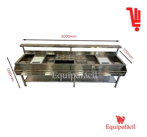 Estação De Bar Equipafácil Aço Inox Seca 2m Com Cubas Fixas