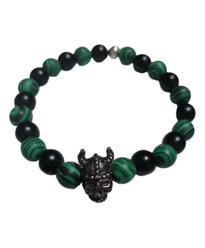 Pulsera Chakras Con Casco Vikingo Malaquita Unisex Artesanal