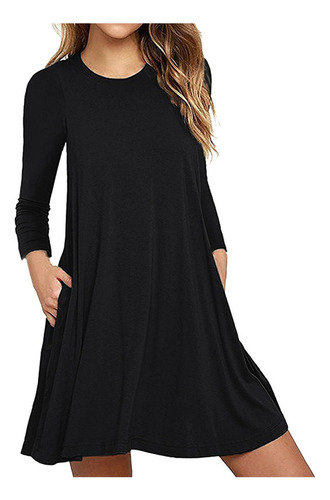 Vestido De Mujer Casual Solid O-cuello Manga Larga Suelto Mi