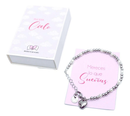 Pulsera Cielo De Acero Y Perlas De Vidrio Con Corazón Regina