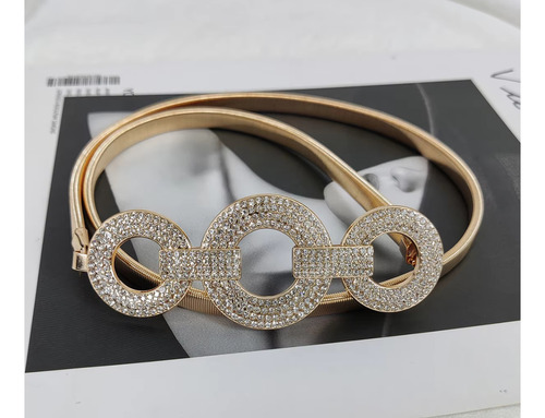 1 Cinto Mujer Dorado Elástico Con Diamantes Imitación