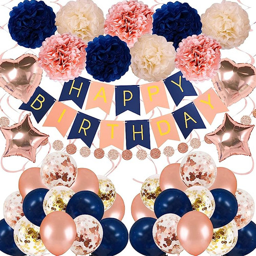 Juego Globos 61 Piezas Decoracion Cumpleaños Oro Rosa Azul M