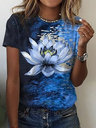 Camiseta Suelta Con Estampado Floral De Mujer Escote Redondo