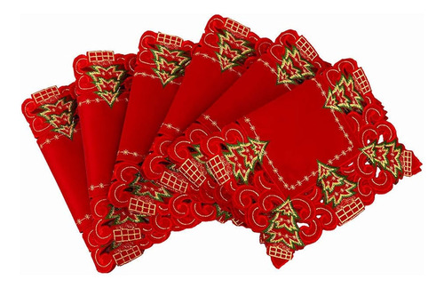 Mantel Individual Navideño Con Pinos Bordado Color Rojo 6 Pz