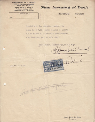 1945 Recibo Oficina Internacional Del Trabajo Filial Uruguay