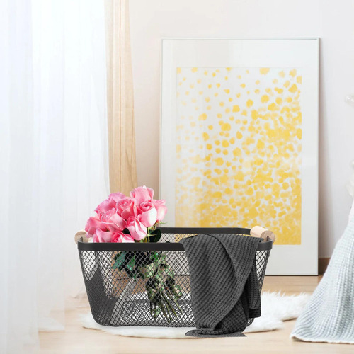 Cesta De Almacenaje De Malla Metálica Con Mango De Madera,