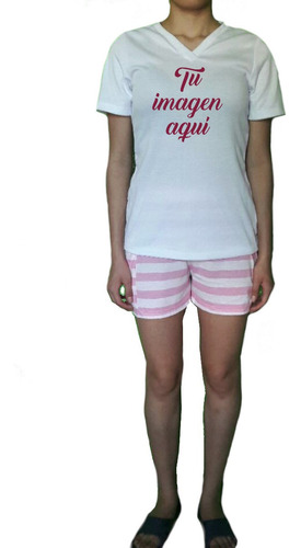 Pijama Short Personalizada Para Dama Diseño Rayas Rosas