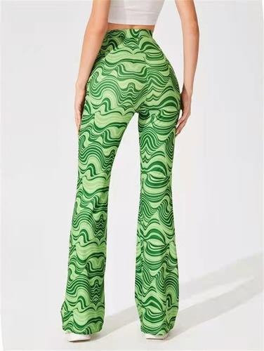 Pantalones Acampanados De Cintura Alta Elástica Con Estampad
