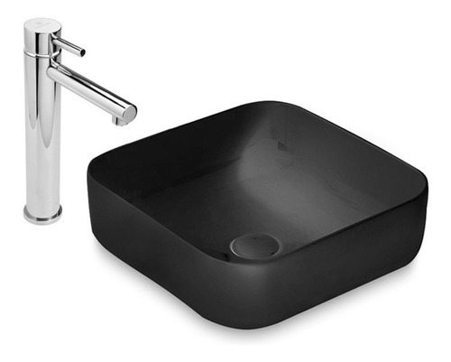 Bacha Baño Piazza Slim Negra Griferia Estalgrif Arona Cromo