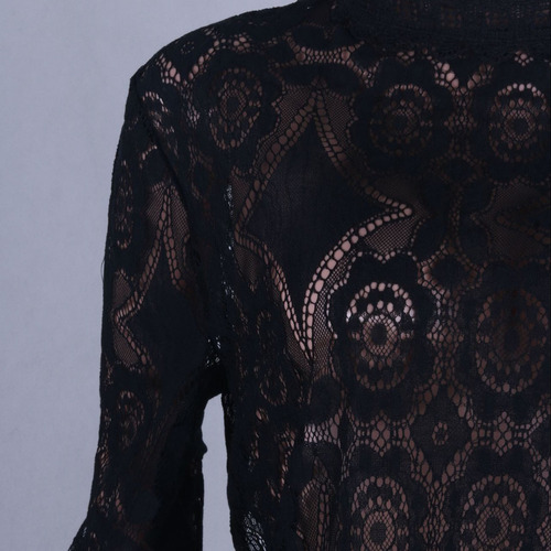 Blusa Transparente De Encaje Con Cuello Alto Y Manga Larga P