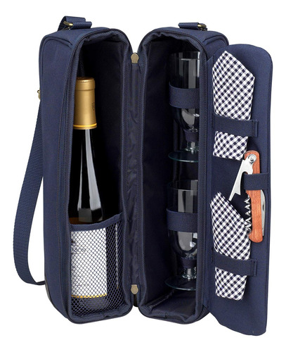 Picnic At Ascot Bolsa De Vino Aislada Con 2 Copas De Vino, S