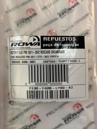Rotor Y Eje P80 Rowa C/rosca Press 200/270 Rp 200 Repuesto