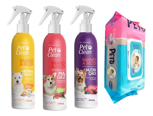 Kit 3 Banho Seco Pet Clean Com Aromas 240ml + Lenço Chalesco