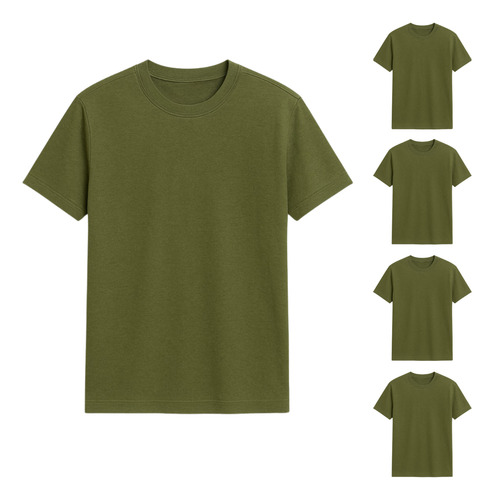 Kit Camisa Verde Militar Lisa Gola Redonda Algodão 100% 5uni