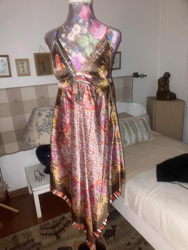 Vestido Mujer Seda Estampado Talla M Con Aplicaciones