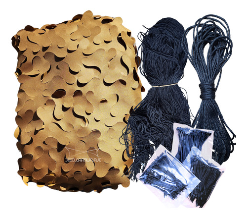Kit Red De Camuflaje 3x4 Kaqui Decocamuflaje Incluye: Red De Camuflaje En 1 Solo Paño, Malla De Soporte, Soga Perimetral Y Precintos
