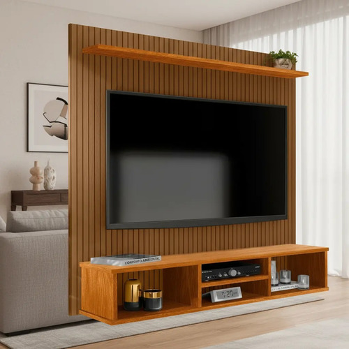Home Painel Simples Tv 50 Pol Sala Suspenso Com Nicho E Prateleira Ripado Canela Clique Moveis