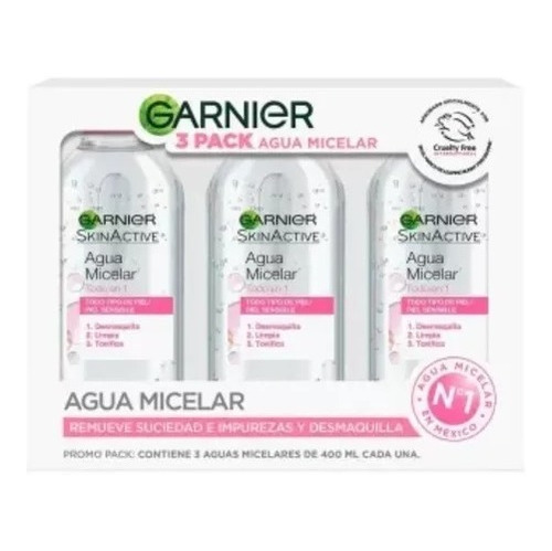 Agua Micelar Garnier Skin Active 3 Pzas De 400 Ml C/u