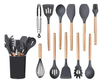 Comprar Set Kit X12 Utensilios De Cocina Mango Madera Punta Silicona