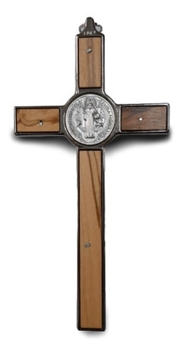 Crucifijo De San Benito- Metal Y Madera De Olivo 20 Cm Italy