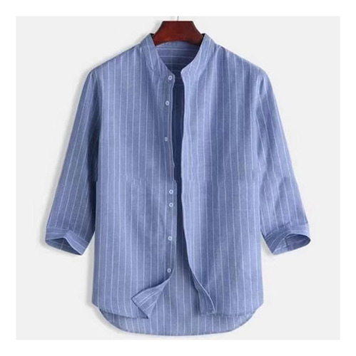 Camisa De Lino A Rayas Con Cuello Alto Y Manga Tres Cuartos