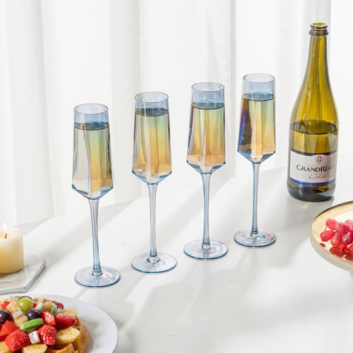 Mygift Copas De Champán Con Tallo De Cristal Azul Iridiscent