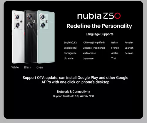 nubia Teléfono celular Z50 - Teléfono Android desbloqueado 5G, cámara dual  de 64 MP+50 MP, Qualcomm Snapdragon 8 Gen 2, pantalla AMOLED de 144 Hz de