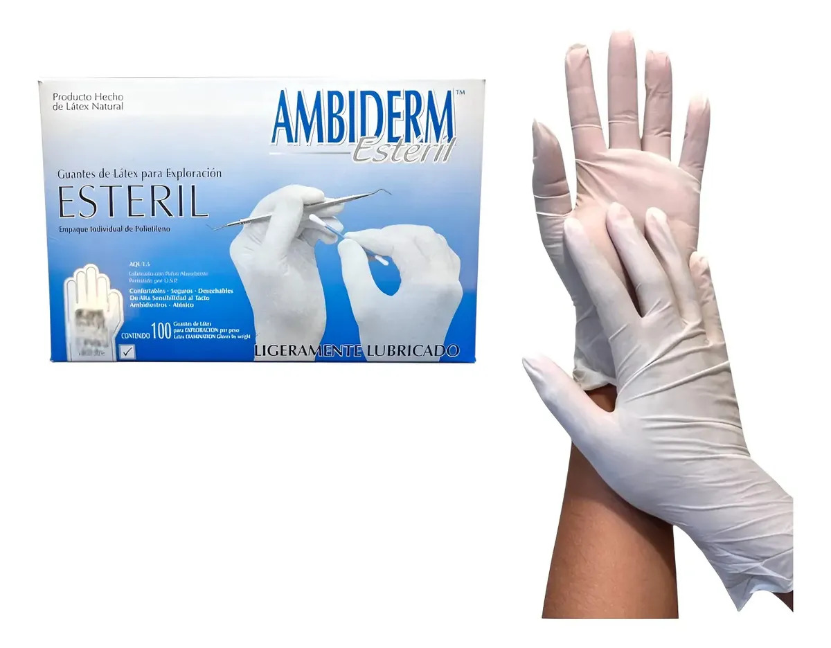 Guantes Desechables Ambiderm Látex Estéril 100 Pzas Color Blanco Talla Grande