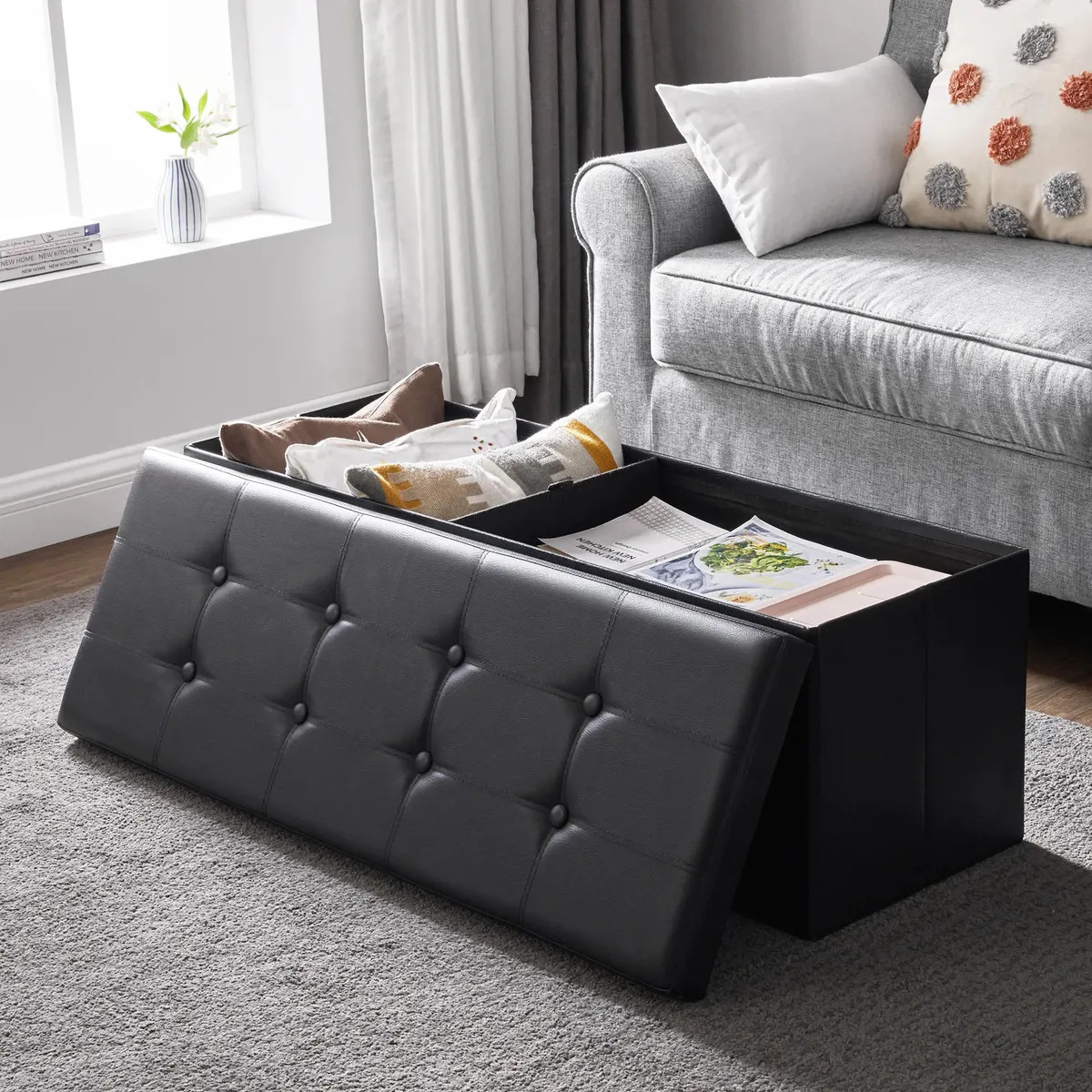 Songmics Banco Otomano De Almacenamiento Plegable Negro Liso