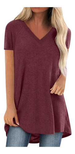 Blusa Manga Corta Cuello V Para Mujer Color Liso Estilo