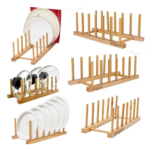 Kit 3 Escorredor Madeira Suporte Pratos Louca Copos Bancada Multiuso Bambu Organizador Cozinha Bar Restaurante 6 Divisórias - Efigen Marrom