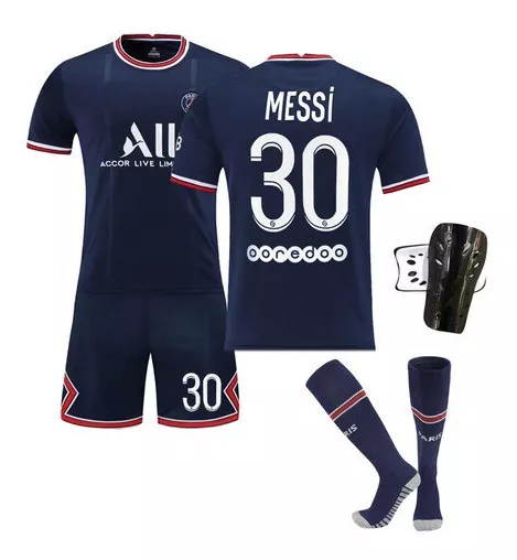 Fans Club Messi Paris Saint Germain helti Messi 30 Camiseta de fútbol para niños adultos con sus pantalones cortos y calcetines como regalo un protector Tibia camiseta del PSG Messi para niño 