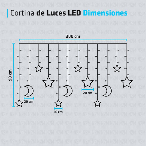 Imagen 3 de 10 de Cortina Led Estrellas Lunas Tira 3 Metros Multicolor 220v