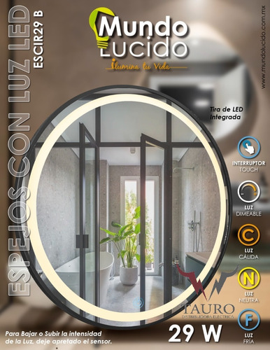 Imagen 2 de 7 de Espejo Redondo 60x60 Touch C/ Marco Negro Y Luz Led 3 Tonos