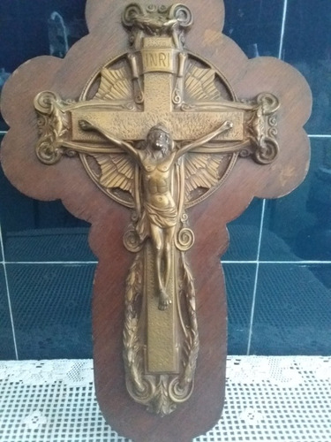 Antiguo Muy Importante Crucifijo Bronce Y Madera 46cm X 29cm