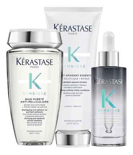 Kit Tratamiento para el Cabello Anti Caspa Kerastase Symbiose Serum Cellulaire Nuit Shampoo Bain Pureté y Acondiconador Fondant Apaisant Essentiel