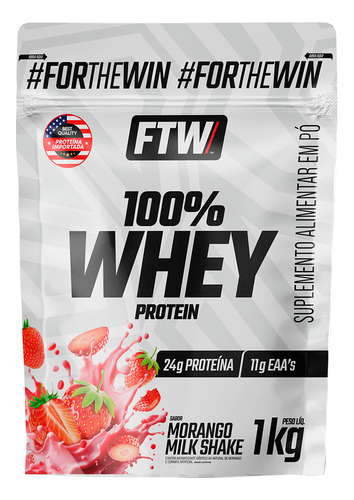 Whey Protein 100% Concentrado Refil 1kg Sabor Morango Milk Shake - Ftw Morango Milkshake
