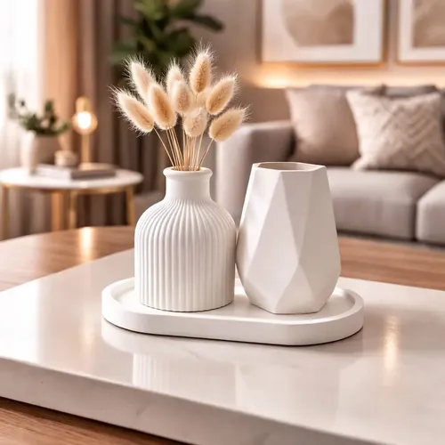 Kit Decorativo ​Sala Bandeja Com Vasos Design Moderno Kit Decorativo 2 Vasos Modernos Com Bandeja Branco Minimalista Sala Mesa
