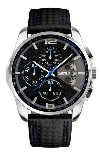 Reloj pulsera Skmei 9106 con correa de cuero color negro/azul - fondo negro